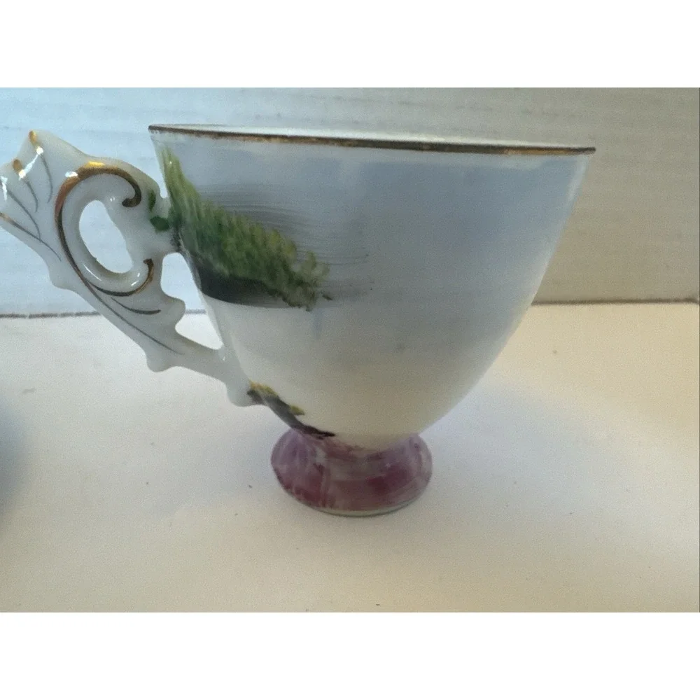 Vintage Ucagco Small Teacup & Saucer Set Sailboat Scene w Gold Trim Japan